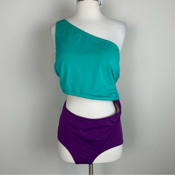 Cacique Sophie Teal Green Purple One Shoulder Swimsuit 18 - Picture 2 of 11